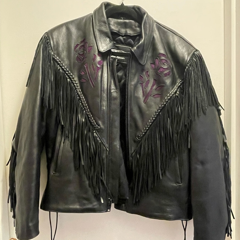Unik Black Leather Jacket with Fringe and Purple Floral Accents